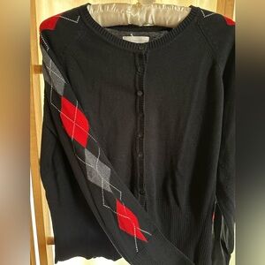 VTG Worthington Black Button Down Lightweight Cardigan Long Argyle Sleeves XL